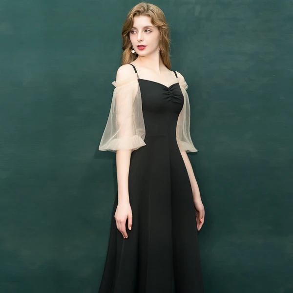 Erschwinglich Schwarz Abendkleider 2019 A Linie Off Shoulder Spaghettiträger Geschwollenes 1/2 Ärmel Lange Rüschen Rückenfreies Festliche Kleider