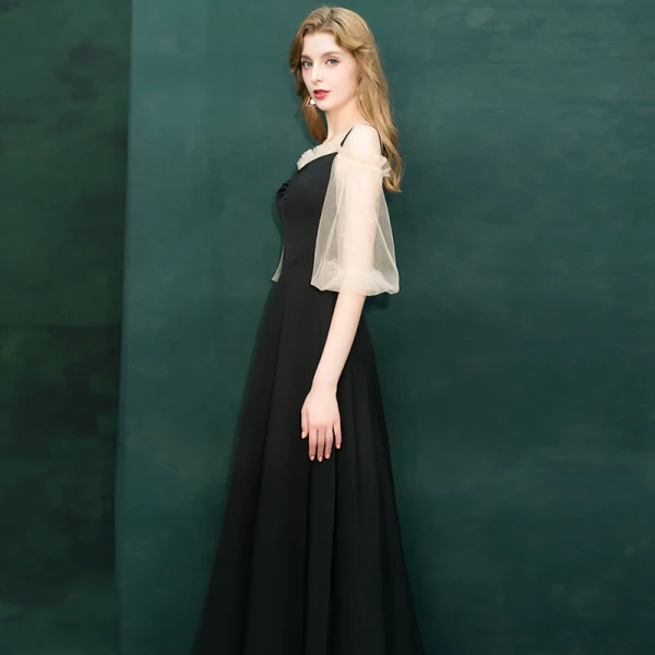 Erschwinglich Schwarz Abendkleider 2019 A Linie Off Shoulder Spaghettiträger Geschwollenes 1/2 Ärmel Lange Rüschen Rückenfreies Festliche Kleider