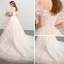 Chic / Belle Champagne Robe De Mariée 2018 Robe Boule Transparentes Encolure Carrée Manches Courtes Dos Nu Appliques En Dentelle Fleur Cathedral Train Volants