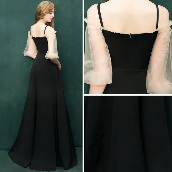 Erschwinglich Schwarz Abendkleider 2019 A Linie Off Shoulder Spaghettiträger Geschwollenes 1/2 Ärmel Lange Rüschen Rückenfreies Festliche Kleider