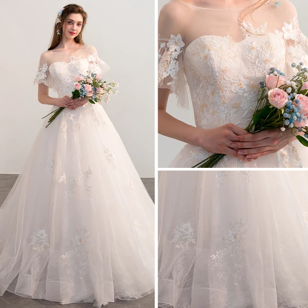 Chic / Belle Champagne Robe De Mariée 2018 Robe Boule Transparentes Encolure Carrée Manches Courtes Dos Nu Appliques En Dentelle Fleur Cathedral Train Volants