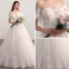 Chic / Belle Champagne Robe De Mariée 2018 Robe Boule Transparentes Encolure Carrée Manches Courtes Dos Nu Appliques En Dentelle Fleur Cathedral Train Volants