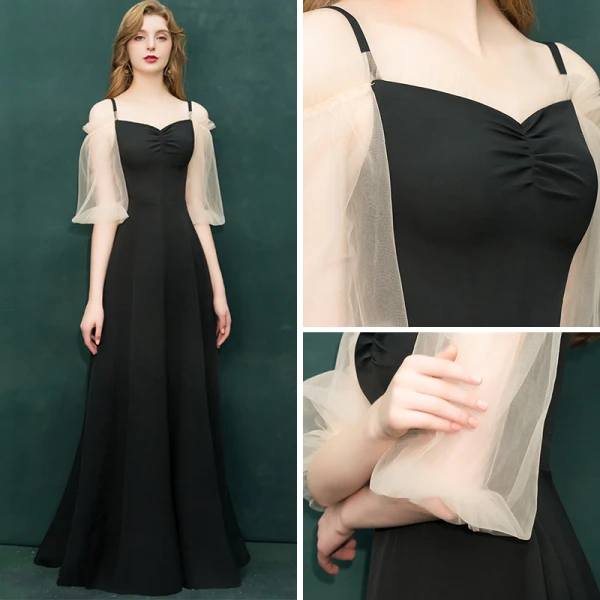 Erschwinglich Schwarz Abendkleider 2019 A Linie Off Shoulder Spaghettiträger Geschwollenes 1/2 Ärmel Lange Rüschen Rückenfreies Festliche Kleider