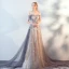 Fabulous Grey Evening Dresses  2019 A-Line / Princess Off-The-Shoulder Short Sleeve Appliques Flower Court Train Ruffle Backless Formal Dresses