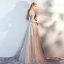 Fabulous Grey Evening Dresses  2019 A-Line / Princess Off-The-Shoulder Short Sleeve Appliques Flower Court Train Ruffle Backless Formal Dresses