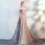 Fabulous Grey Evening Dresses  2019 A-Line / Princess Off-The-Shoulder Short Sleeve Appliques Flower Court Train Ruffle Backless Formal Dresses
