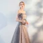 Fabulous Grey Evening Dresses  2019 A-Line / Princess Off-The-Shoulder Short Sleeve Appliques Flower Court Train Ruffle Backless Formal Dresses