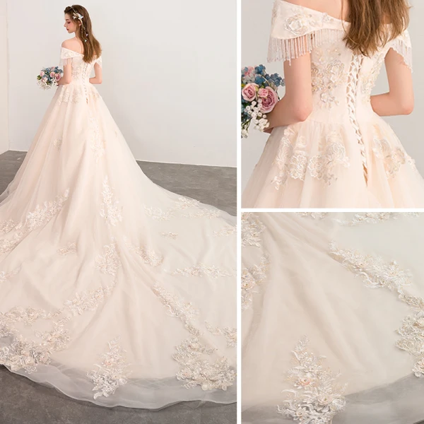Élégant Champagne Robe De Mariée 2018 Princesse De l'épaule Dos Nu Manches Courtes Perlage Gland Appliques En Dentelle Cathedral Train Volants