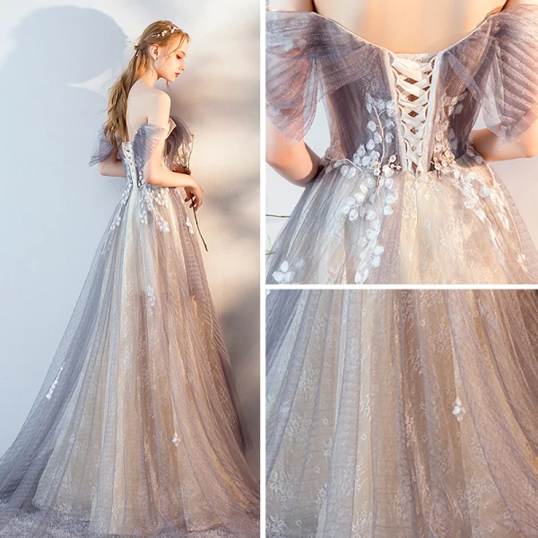 Fabulous Grey Evening Dresses  2019 A-Line / Princess Off-The-Shoulder Short Sleeve Appliques Flower Court Train Ruffle Backless Formal Dresses