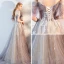 Fabulous Grey Evening Dresses  2019 A-Line / Princess Off-The-Shoulder Short Sleeve Appliques Flower Court Train Ruffle Backless Formal Dresses