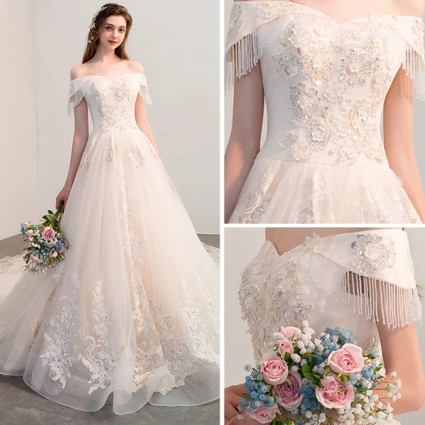 Élégant Champagne Robe De Mariée 2018 Princesse De l'épaule Dos Nu Manches Courtes Perlage Gland Appliques En Dentelle Cathedral Train Volants