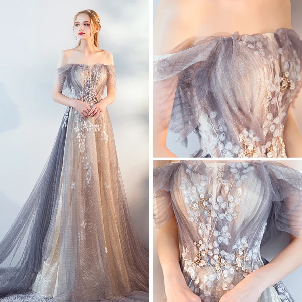 Fabulous Grey Evening Dresses  2019 A-Line / Princess Off-The-Shoulder Short Sleeve Appliques Flower Court Train Ruffle Backless Formal Dresses