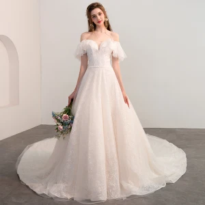 Bling Bling Champagne Robe De Mariée 2018 Princesse De L Épaule Manches Courtes Dos Nu Glitter Dentelle Cathedral Train