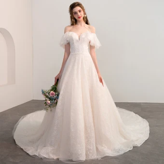 Bling Bling Champagne Wedding Dresses 2018 A Line Princess Off The Shoulder Short Sleeve Backless Glitter Lace Cathedral Train