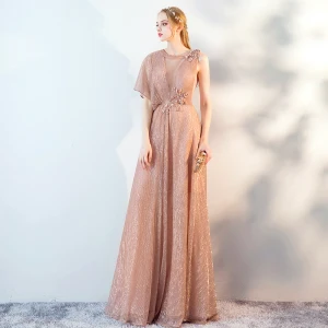 Classy Champagne See Through Evening Dresses 2019 A Line Princess Scoop Neck Sleeveless Glitter Polyester Floor Length Long Ruffle Formal Dresses