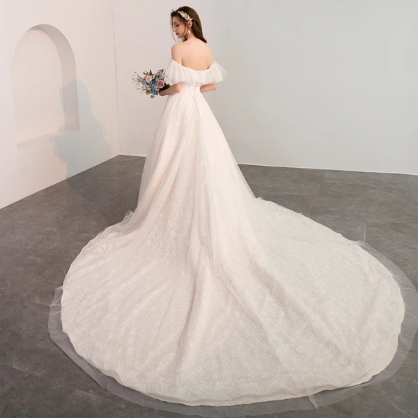 Bling Bling Champagne Wedding Dresses 2018 A-Line / Princess Off-The-Shoulder Short Sleeve Backless Glitter Lace Cathedral Train