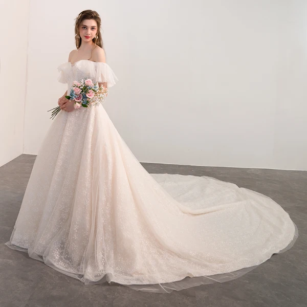 Bling Bling Champagne Wedding Dresses 2018 A-Line / Princess Off-The-Shoulder Short Sleeve Backless Glitter Lace Cathedral Train