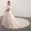 Bling Bling Champagne Wedding Dresses 2018 A-Line / Princess Off-The-Shoulder Short Sleeve Backless Glitter Lace Cathedral Train
