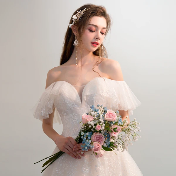 Bling Bling Champagne Wedding Dresses 2018 A-Line / Princess Off-The-Shoulder Short Sleeve Backless Glitter Lace Cathedral Train