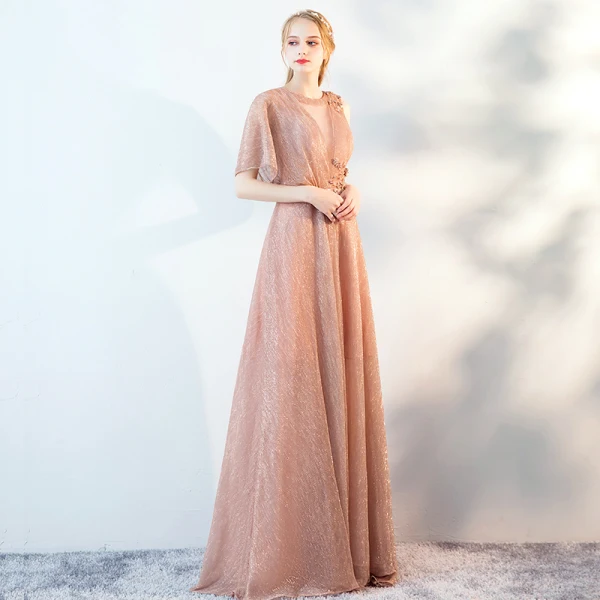 Classy Champagne See-through Evening Dresses 2019 A-Line / Princess Scoop Neck Sleeveless Glitter Polyester Floor-Length / Long Ruffle Formal Dresses