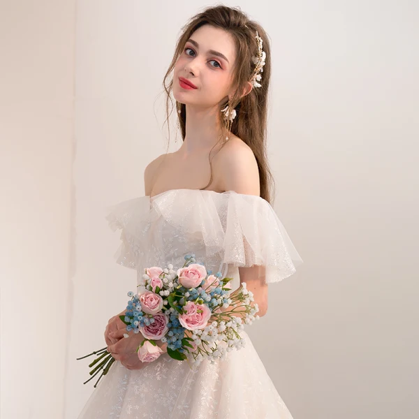 Bling Bling Champagne Wedding Dresses 2018 A-Line / Princess Off-The-Shoulder Short Sleeve Backless Glitter Lace Cathedral Train
