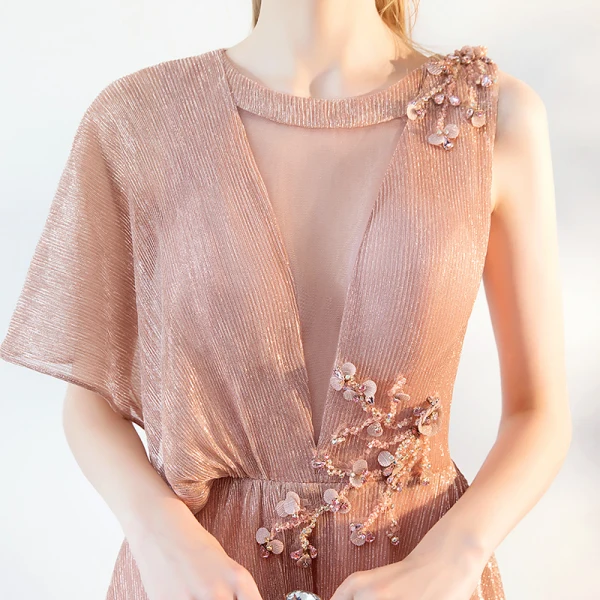 Classy Champagne See-through Evening Dresses 2019 A-Line / Princess Scoop Neck Sleeveless Glitter Polyester Floor-Length / Long Ruffle Formal Dresses