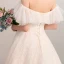 Bling Bling Champagne Wedding Dresses 2018 A-Line / Princess Off-The-Shoulder Short Sleeve Backless Glitter Lace Cathedral Train