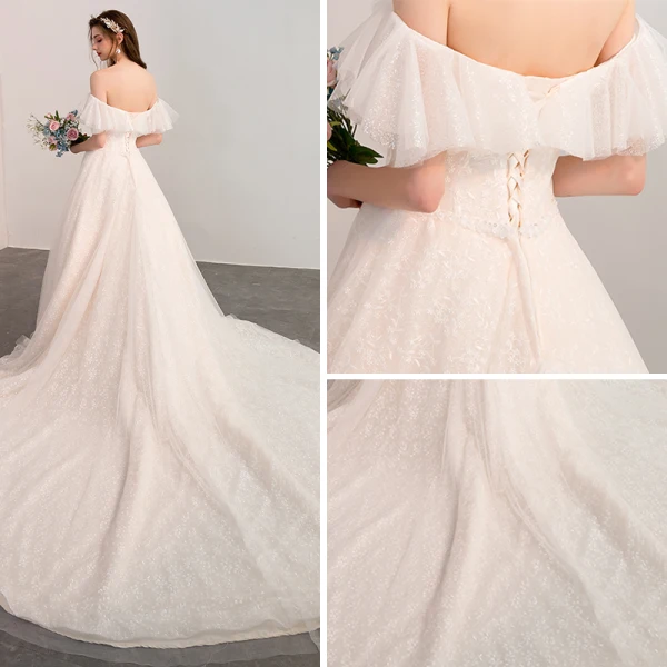 Bling Bling Champagne Wedding Dresses 2018 A-Line / Princess Off-The-Shoulder Short Sleeve Backless Glitter Lace Cathedral Train