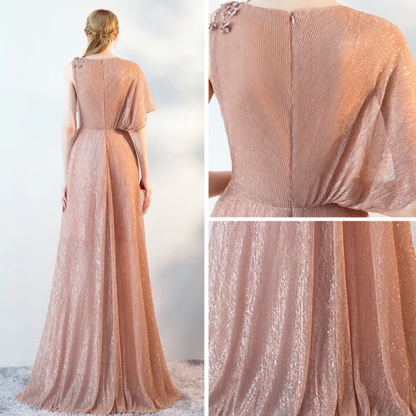 Classy Champagne See-through Evening Dresses 2019 A-Line / Princess Scoop Neck Sleeveless Glitter Polyester Floor-Length / Long Ruffle Formal Dresses
