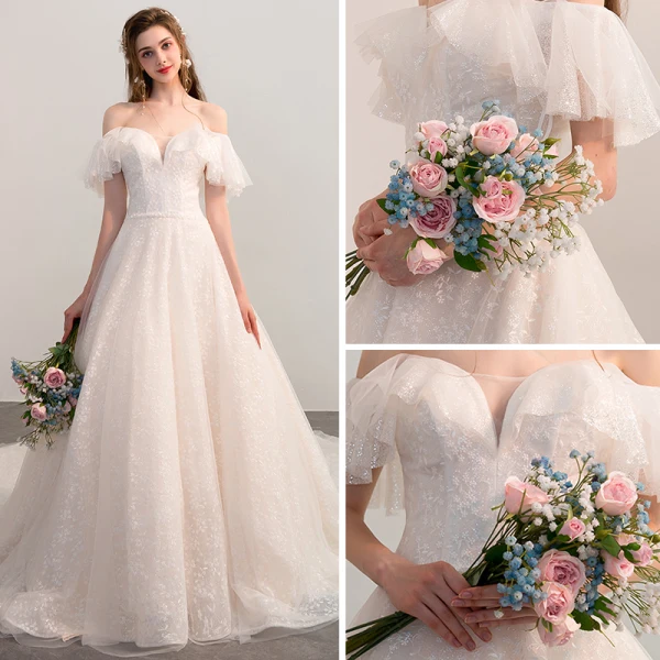 Bling Bling Champagne Wedding Dresses 2018 A-Line / Princess Off-The-Shoulder Short Sleeve Backless Glitter Lace Cathedral Train