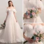 Bling Bling Champagne Wedding Dresses 2018 A-Line / Princess Off-The-Shoulder Short Sleeve Backless Glitter Lace Cathedral Train