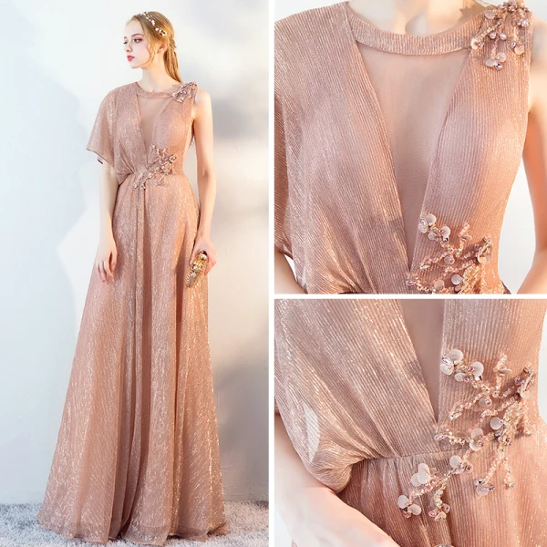 Classy Champagne See-through Evening Dresses 2019 A-Line / Princess Scoop Neck Sleeveless Glitter Polyester Floor-Length / Long Ruffle Formal Dresses