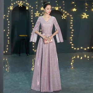 Rimelig Lavendel Selskapskjoler 2019 Prinsesse V Hals Langermede Glitter Polyester Lange Buste Ryggløse Formelle Kjoler
