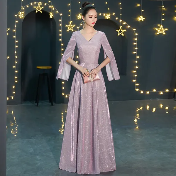 Affordable Lavender Evening Dresses  2019 A-Line / Princess V-Neck Long Sleeve Glitter Polyester Floor-Length / Long Ruffle Backless Formal Dresses