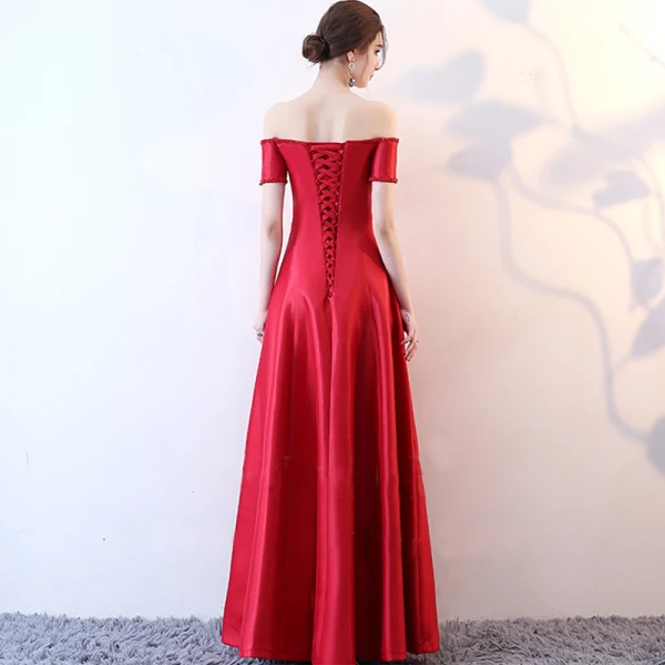 Glamorous Burgundy Evening Dresses 2018 A-Line / Princess Off-The-Shoulder Short Sleeve Pearl Beading Crystal Floor-Length / Long Ruffle Backless Formal Dresses