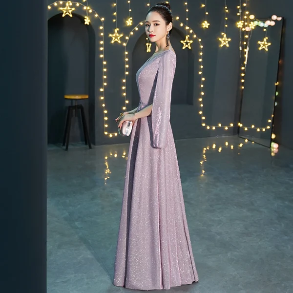 Abordable Lavande Robe De Soirée 2019 Princesse V-Cou Manches Longues Glitter Polyester Longue Volants Dos Nu Robe De Ceremonie