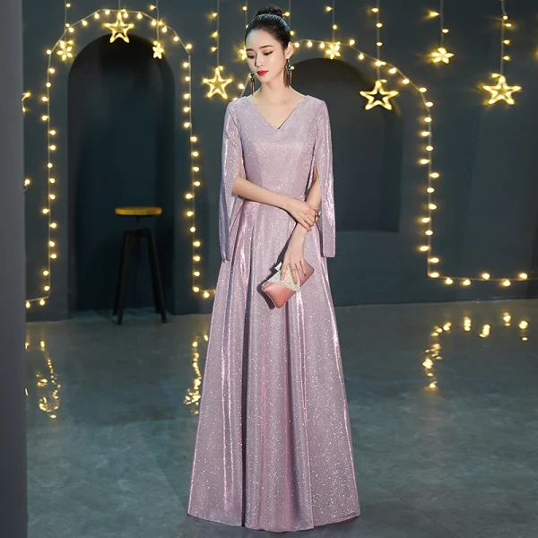 Abordable Lavande Robe De Soirée 2019 Princesse V-Cou Manches Longues Glitter Polyester Longue Volants Dos Nu Robe De Ceremonie