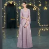 Affordable Lavender Evening Dresses  2019 A-Line / Princess V-Neck Long Sleeve Glitter Polyester Floor-Length / Long Ruffle Backless Formal Dresses
