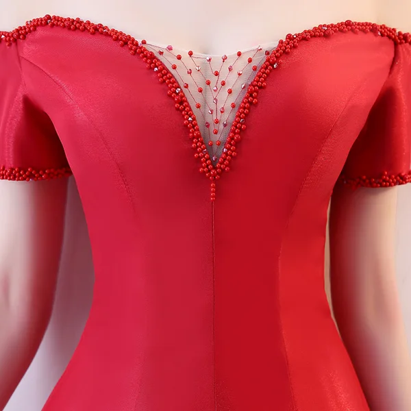 Glamorous Burgundy Evening Dresses 2018 A-Line / Princess Off-The-Shoulder Short Sleeve Pearl Beading Crystal Floor-Length / Long Ruffle Backless Formal Dresses