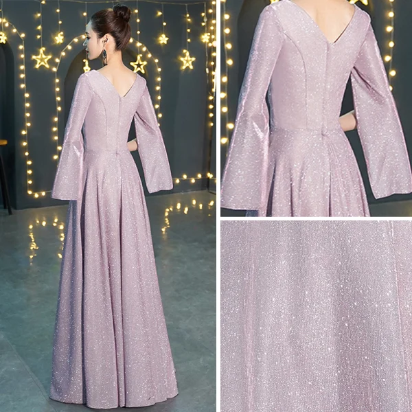 Abordable Lavande Robe De Soirée 2019 Princesse V-Cou Manches Longues Glitter Polyester Longue Volants Dos Nu Robe De Ceremonie