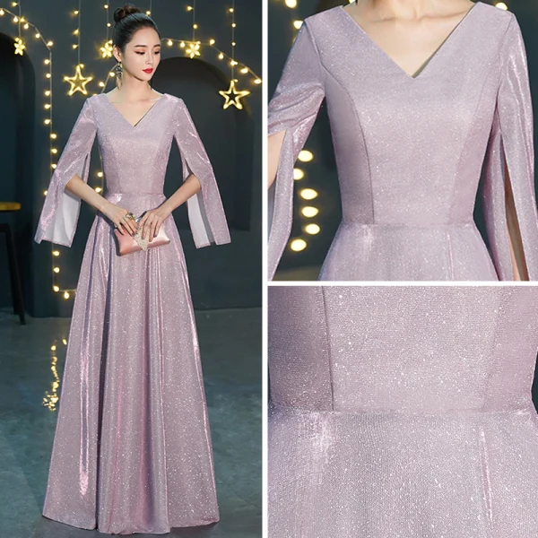 Abordable Lavande Robe De Soirée 2019 Princesse V-Cou Manches Longues Glitter Polyester Longue Volants Dos Nu Robe De Ceremonie