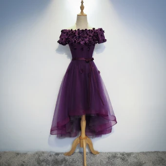 Modern Fashion Grape Homecoming Graduation Dresses 2017 A Line Princess Off The Shoulder Short Sleeve Lace Appliques Flower Sash Asymmetrical Backless Formal Dresses