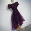 Moderne / Mode Grape de retour Robe De Graduation 2017 Princesse De l'épaule Manches Courtes En Dentelle Appliques Fleur Ceinture Asymétrique Dos Nu Robe De Ceremonie