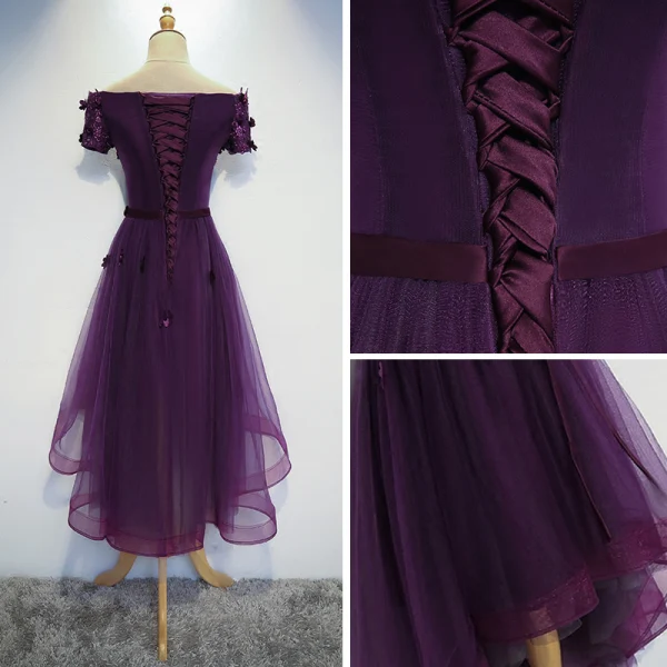 Moderne / Mode Grape de retour Robe De Graduation 2017 Princesse De l'épaule Manches Courtes En Dentelle Appliques Fleur Ceinture Asymétrique Dos Nu Robe De Ceremonie