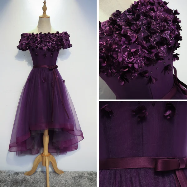 Moderne / Mode Grape de retour Robe De Graduation 2017 Princesse De l'épaule Manches Courtes En Dentelle Appliques Fleur Ceinture Asymétrique Dos Nu Robe De Ceremonie