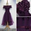 Moderne / Mode Grape de retour Robe De Graduation 2017 Princesse De l'épaule Manches Courtes En Dentelle Appliques Fleur Ceinture Asymétrique Dos Nu Robe De Ceremonie