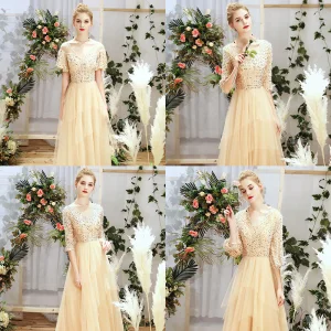 Chic Belle Champagne Robe Demoiselle D 039 Honneur 2019 Princesse Glitter Paillettes Longue Volants Robe Pour Mariage