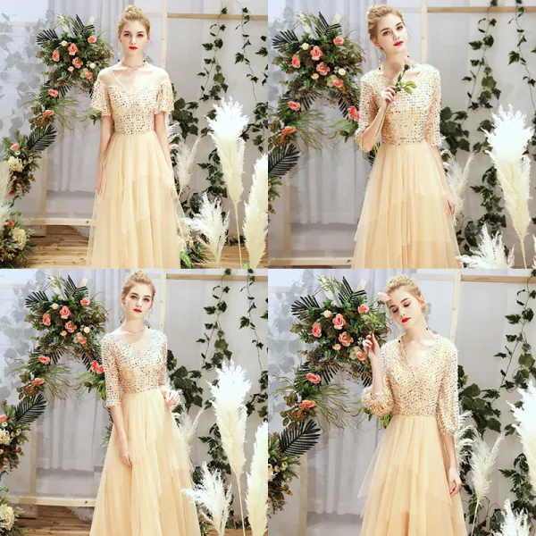Chic / Beautiful Champagne Bridesmaid Dresses 2019 A-Line / Princess Glitter Sequins Floor-Length / Long Ruffle Wedding Party Dresses
