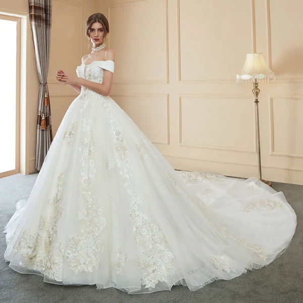 Modern / Fashion Ivory Wedding Dresses 2019 Ball Gown Off-The-Shoulder Short Sleeve Backless Appliques Lace Pearl Royal Train Ruffle