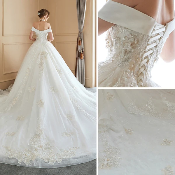 Modern / Fashion Ivory Wedding Dresses 2019 Ball Gown Off-The-Shoulder Short Sleeve Backless Appliques Lace Pearl Royal Train Ruffle